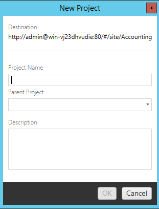 A form for creating a new project with fields for location, project name, parent project, and description.