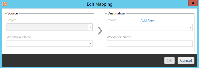 Workbook mapping interface with fields for source and destination project and workbook names.