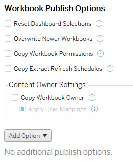 Publish options for workbooks including overwrite controls and permission settings.