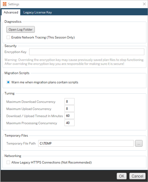 Advanced tab of the Settings window showing advanced options for the content management tool.