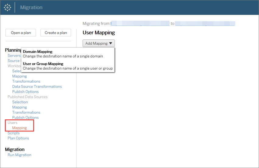 A menu with options for planning, mapping, and running a migration, with user mapping highlighted.