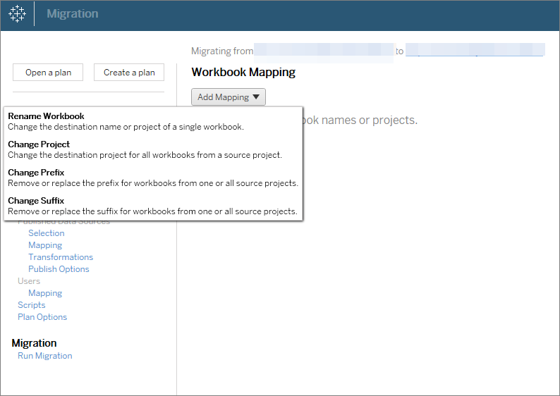 A dropdown menu in the Migration window that lists options for renaming workbooks, projects, prefixes, and suffixes.