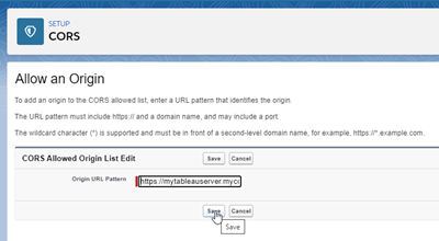 CORS setup window with an original URL pattern entered and a cursor hovering over the Save button.