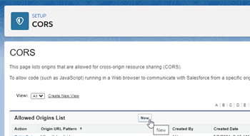 CORS setup window with the Allowed Origins List shown and a cursor hovering over the New button.