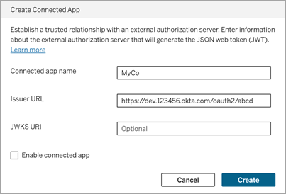 A form to create a connected app, complete with fields for name, URLs, and a checkbox to enable the app.