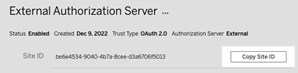 Details of the external authorization server, with a button to copy the site ID.