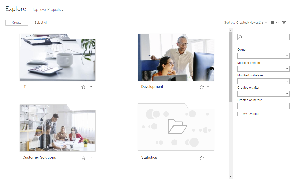 Custom Explore page with projects sorted into IT, Development, Customer Solutions, and Statistics.