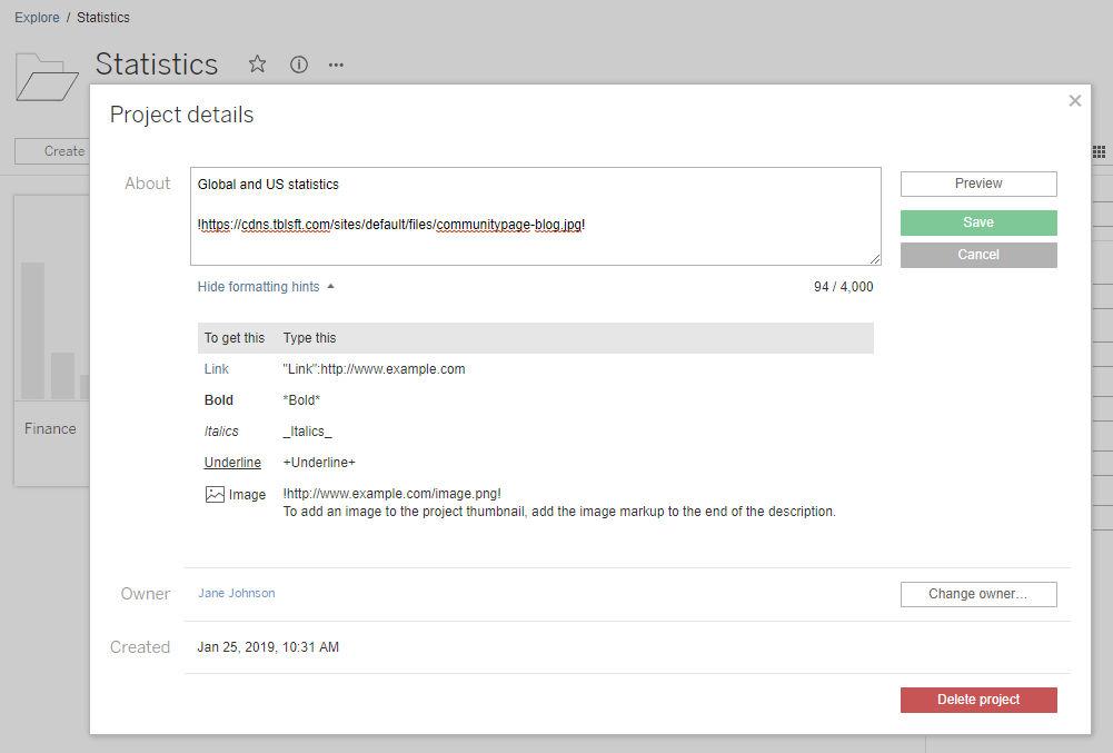 Project detail page showing global and US statistics with options for project details and editing.