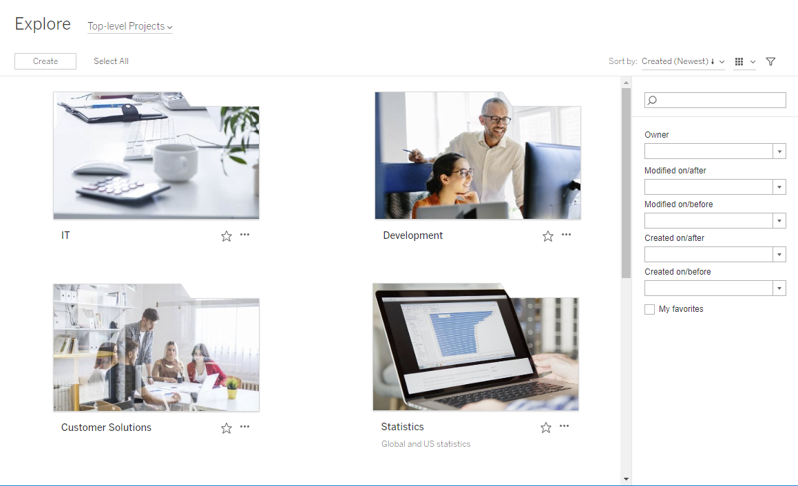 Custom Explore page with projects sorted into IT, Development, Customer Solutions, and Statistics.