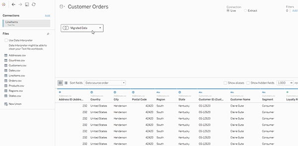 If your data source contained multiple joined or unioned tables, the single logical table is displayed with the name "Migrated Data".