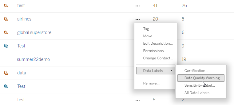 Data Labels dropdown menu with the cursor selecting "Data Quality Warning..."
