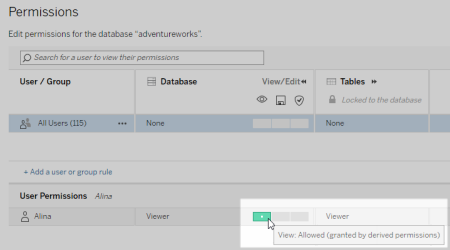 Permissions dialog box showing a user's effective permissions