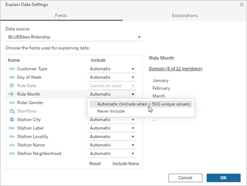 Explain Data Settings window with a measure selected and the dropdown menu expanded to reveal options for including or excluding the field.