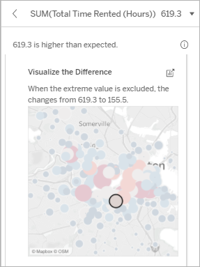 Visualize the Difference header displays with a snapshot of a map, and explanatory text indicating that when the extreme value is excluded, the value changes from 619.3 to 155.5.