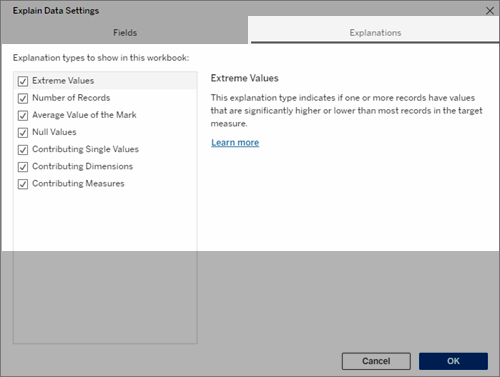 A list of Explain Data explanation types with checkboxes to select or deselect each type.