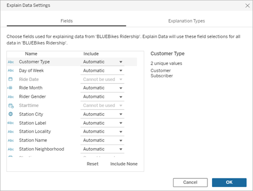 Explain Data Settings window that provides information about the data settings, including fields and data types.