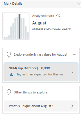 Explain Data details about an analyzed mark, with text highlighted that describes a higher than expected trip distance sum value of 8,800.