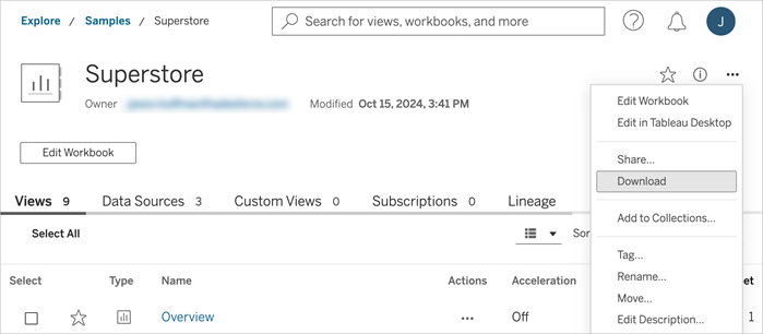 A dropdown menu displays options to edit, share, download, and move a workbook.