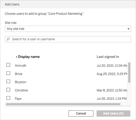 Add Users screen with a checkbox before each user name.