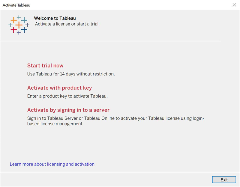 Tableau license activation window.