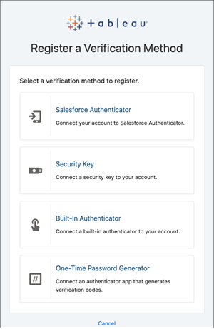 A Tableau page with four verification methods to choose from.