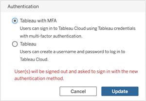 A dialog box with options to authenticate users with or without multi-factor authentication.