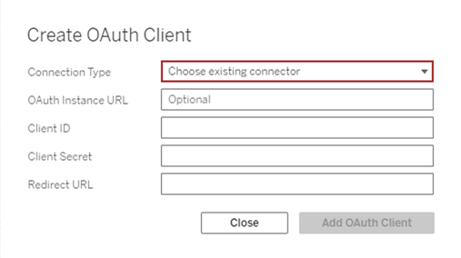 A form for the creation of an OAuth client, including fields for connection type, OAuth instance URL, client ID, client secret, and redirect URL.