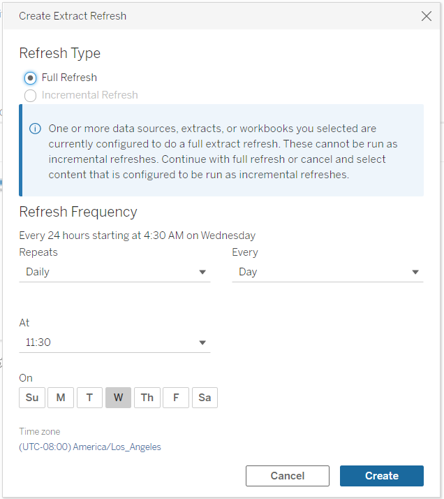 A form to set up a data refresh, with options to configure frequency, time, and day.