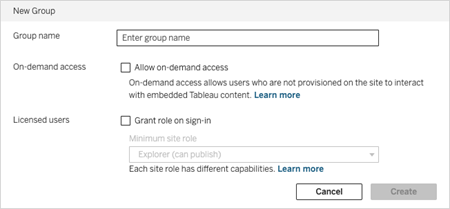 New Group form with options for group name, on demand access, and licensed users.