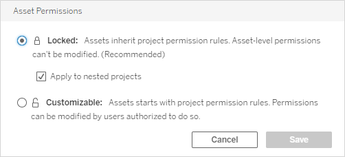 Asset Permissions dialog box with the Locked option selected.