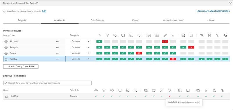 Project permissions dialog showing the workbook tab