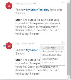 The Alerts dialog showing error details and the alerts menu options to re-run the flow, or download the flow to troubleshoot.