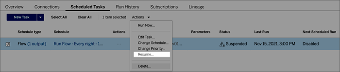 The Scheduled Tasks tab Action menu showing the Resume option.