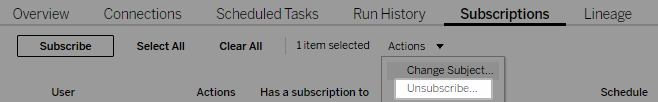 The Subscriptions tab Action menu showing the Unsubscribe option.