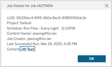 Job Details dialog showing a link to the Tableau Prep flow