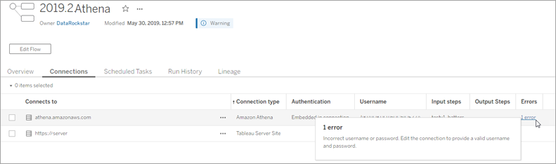 Connection details with an error message stating "Incorrect username or password."