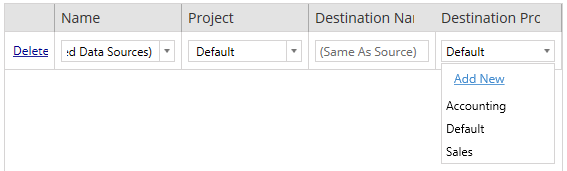 A form for the addition or modification of data sources, with fields for name, project, destination name, and destination process.