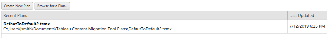 Path to Create New Plan, Browse for a Plan, and view Recent Plans.