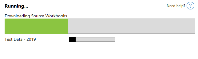 A progress bar indicating the download of source workbooks and test data for 2019.