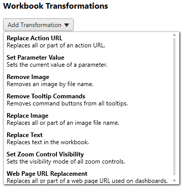 A drop-down menu of workbook transformation options.