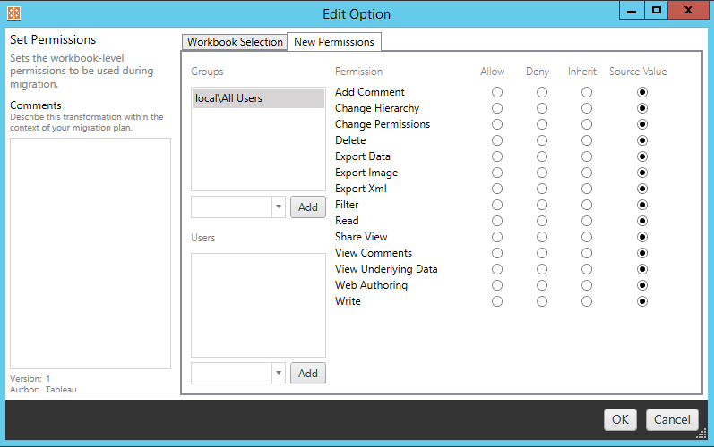 A window that shows permissions for a workbook.