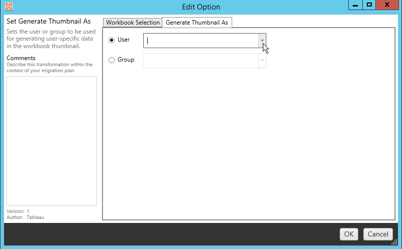 A dialog box to generate thumbnails as a user or a group.