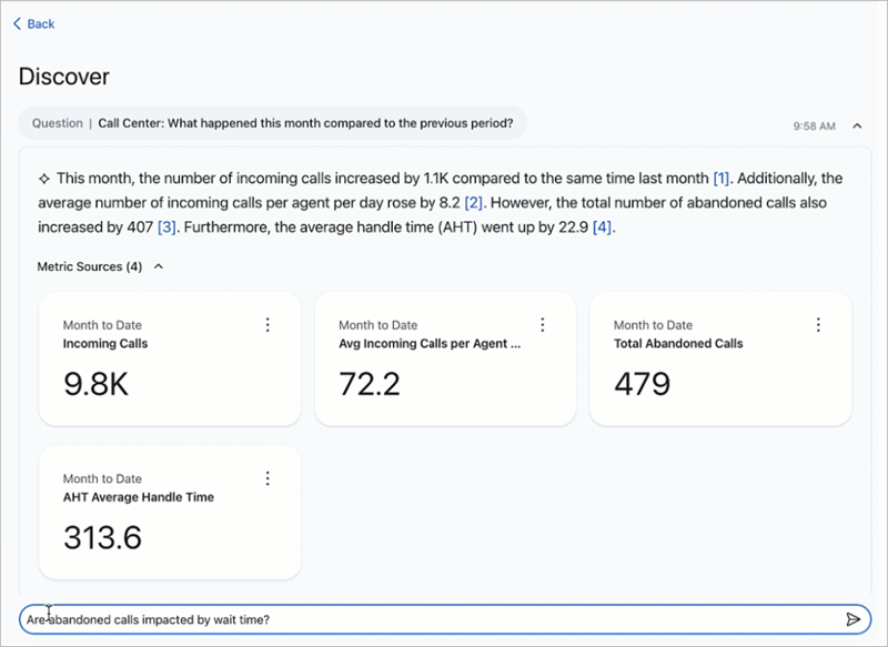 The Discover page in Tableau Pulse with an insight brief, metric sources, and new question entered by a user