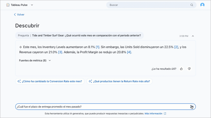 Enhanced Q and A Discover page with insight brief and question in Spanish