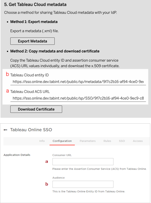 Screenshot of the Tableau Cloud SAML's New Configuration page -- step 5. Export metadata from Tableau Cloud