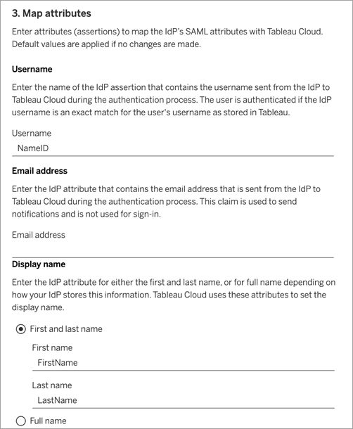 Screen shot of step 3 for configuring site SAML for Tableau Cloud -- map attributes