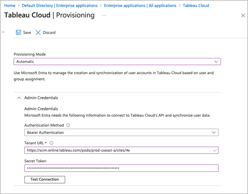 A configuration screen with settings to provision Tableau Cloud.