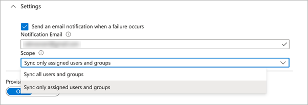 A settings menu to opt in to email notifications on failures and to establish the parameters for syncing users and groups.