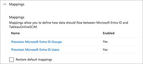 A settings page to define how data should flow between Microsoft Entra ID and Tableau Cloud SCIM.