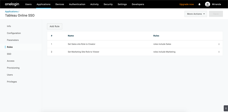 SSO rule settings for Tableau Cloud.